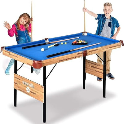 SereneLife 4.5ft Folding Pool Table, 54in Portable Foldable Billiards Game Table for Kids and Adults with Accessories, Indoor and Outdoor Games with Sticks, Cue, Balls and Triangle, Blue