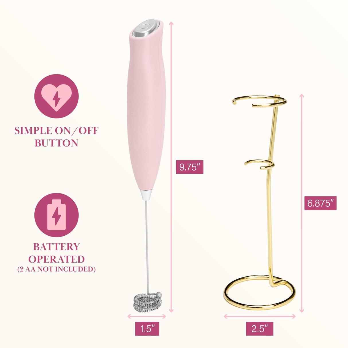 Paris Hilton Electric Handheld Milk Frother with Double Coil Head Whisk and Gold Metal Stand, Battery Powered (2 AA Batteries Required but Not Included), Pink Sparkle Finish Paris Hilton