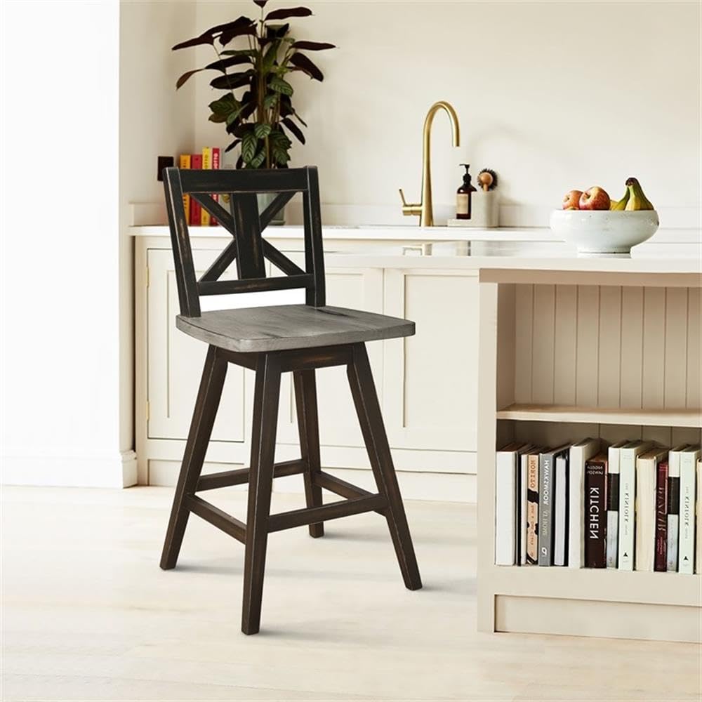 Homelegance Solid Wood Kitchen Counter Barstool with Back and Footrest, Counter Height Swivel Stool, Armless Dining Chairs for Kitchen Island, Set of 2, Black Homelegance