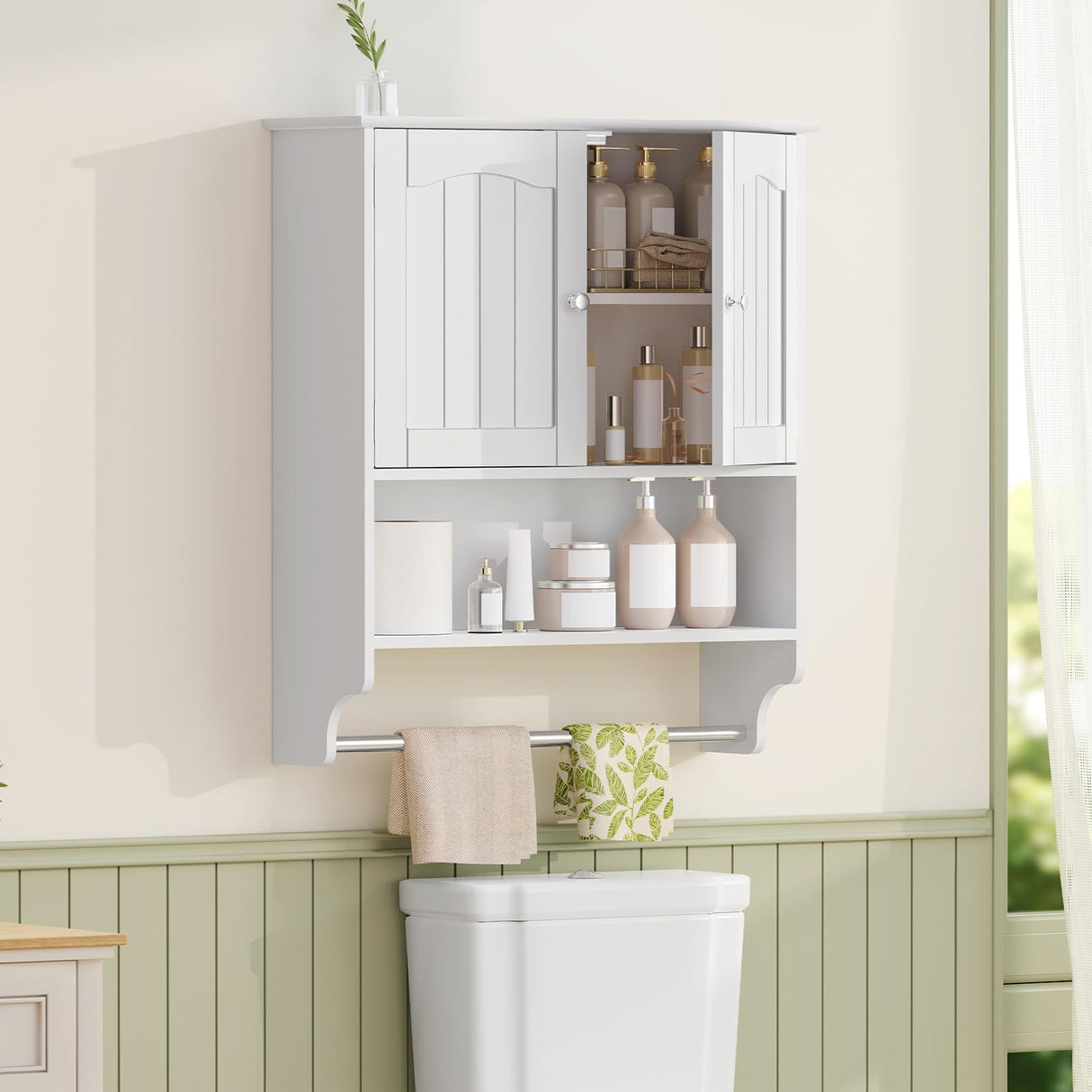 Iwell Bathroom Cabinet Wall Mounted with Towel Rack & Adjustable Shelf, Over The Toilet Storage Cabinet, Medicine Cabinet for Bathroom, White YSG005B Iwell