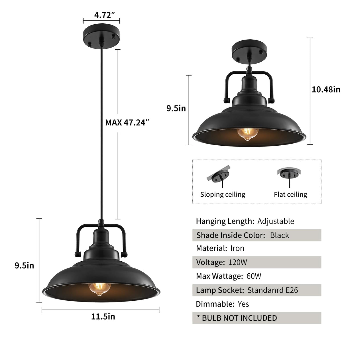 SESIMENT Black Pendant Light 12.5 inches 3 Packs, Farmhouse Pendant Light, Industrial Pendant Lighting, Kitchen Pendant Lights, Pendant Lights Kitchen Island for Dinning Room Entryway Barn SESIMENT