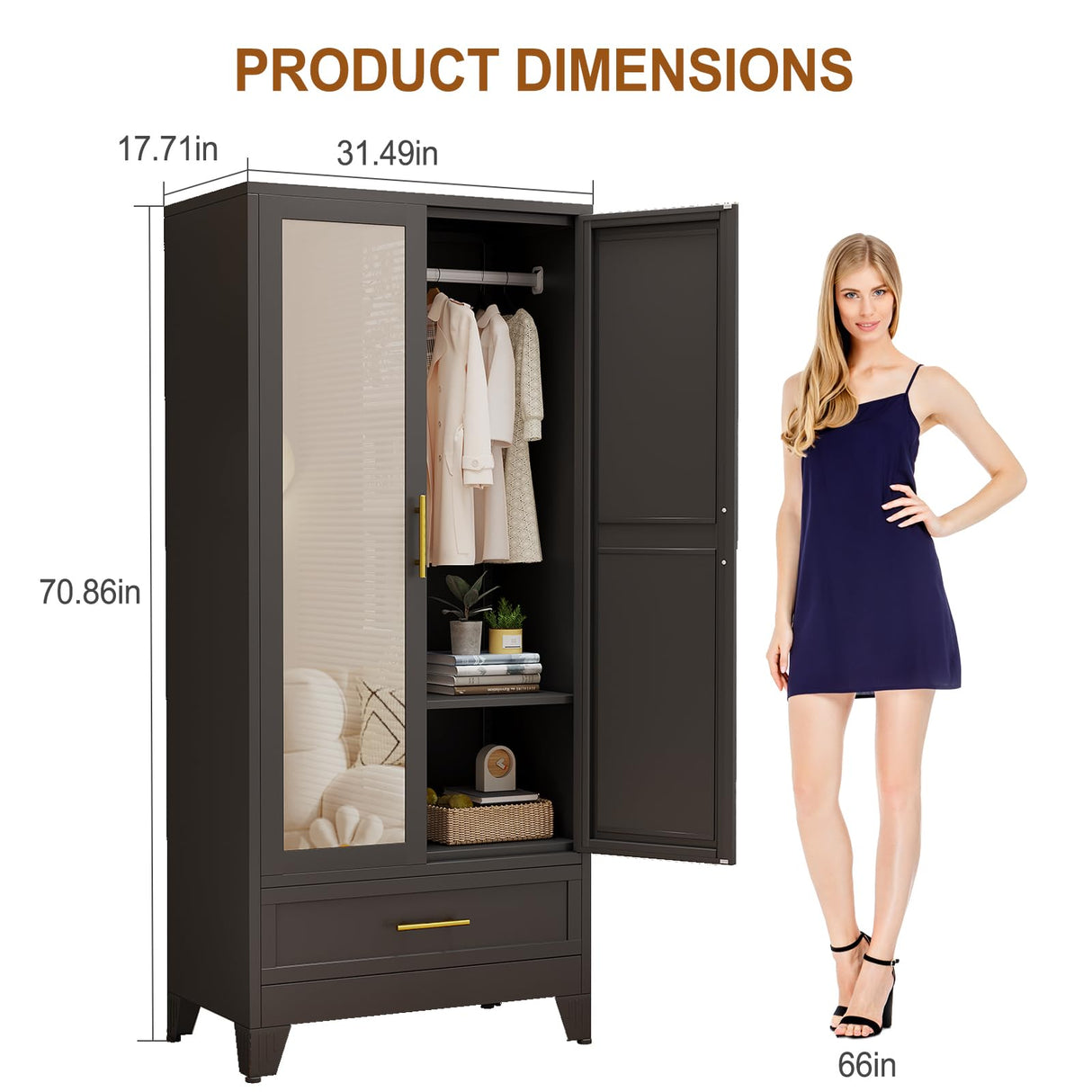 baoliwo Metal Armoire Wardrobe Closet Storage Cabinet with Mirror, 71'' Wardrobe Cabinet with Hanging Rod Metal Closet with Adjustable Shelf and Drawer for Bedroom, Laundry Room, Cloak Room baoliwo