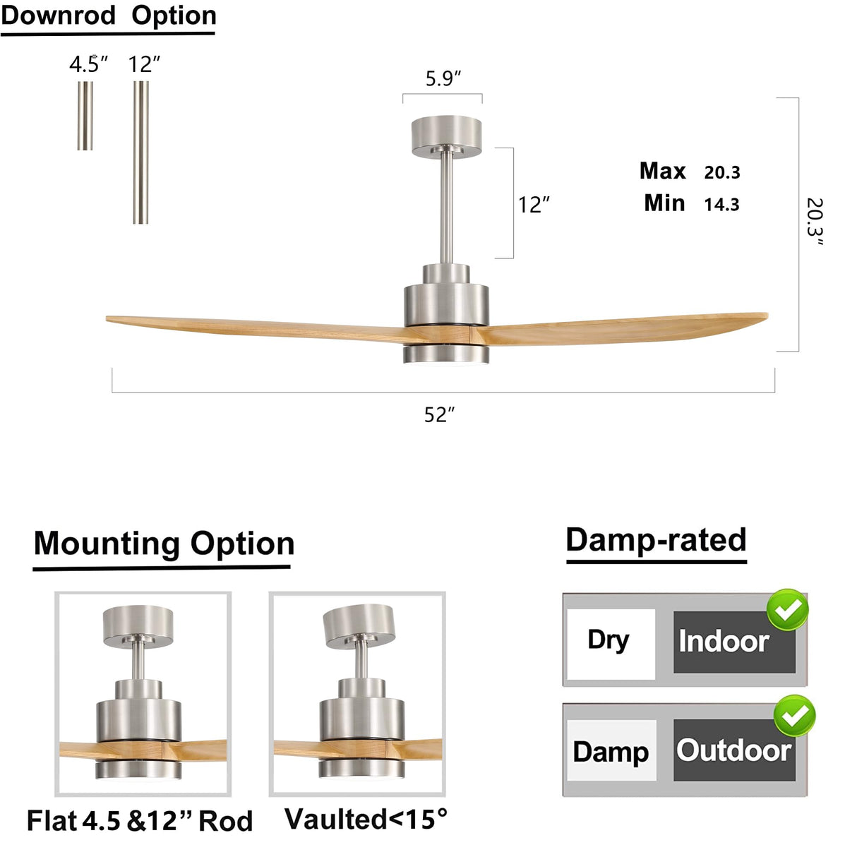ELEHINSER 52" Wood Ceiling Fan with Lights and Remote Control, 3 Blades 6-Speed Dimmable Light Reversible DC Motor Ceiling fan for Kitchen Bedroom Dining Living Room, Wood Blades with Nickel ELEHINSER