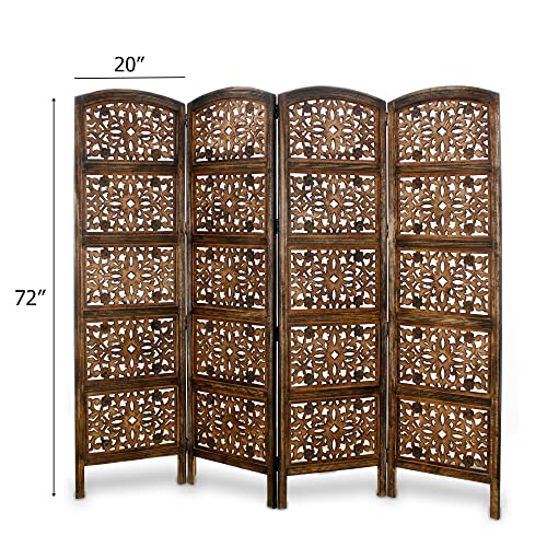 Room Divider Wood Screen - Rajasthan Antique Brown - 4 Panel Folding 72 x 80 - Intricate Hand Carved Decorative Functional Versatile Portable Partition Reversible Freestanding Privacy - COTTON CRAFT COTTON CRAFT