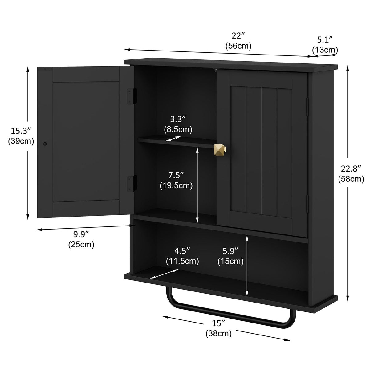 RRX Bathroom Cabinet Wall Mounted Medicine Cabinets with Towels Bar, Over The Toilet Storage Cabinet with 2 Doors and Adjustable Shelf, White Wall Cabinet for Bathroom Laundry Kitchen (Black) RRX