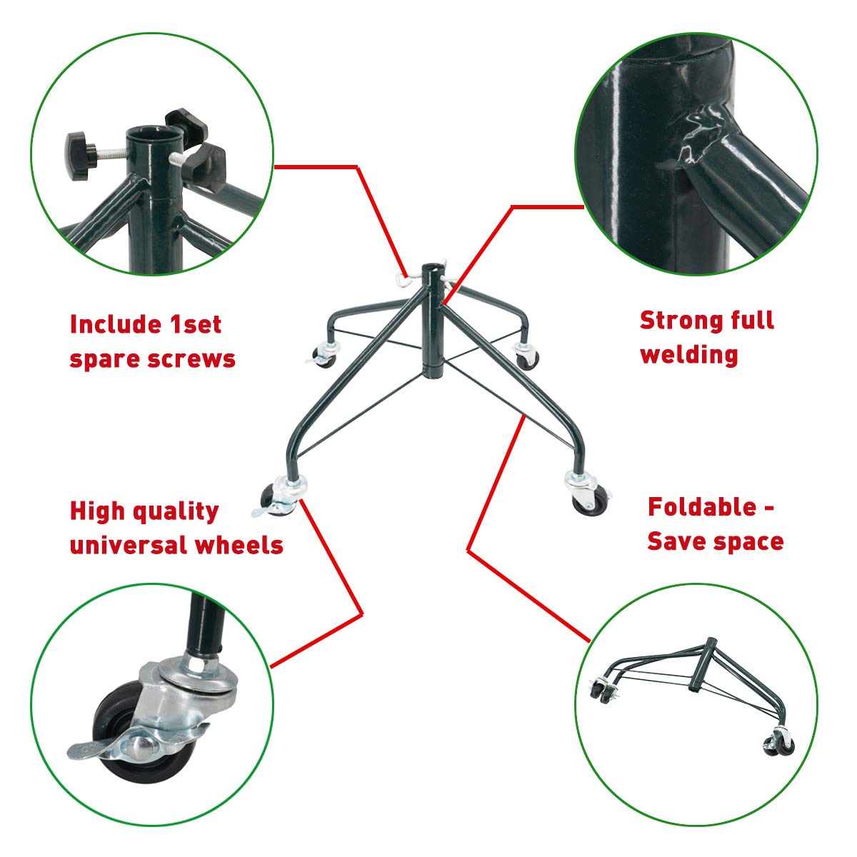 ELFJOY Christmas Tree Stand with Swivel Caster Wheels for 3-7ft. Artificial Tree Base 17inch, Christmas tree iron stand, 7/8inch inner diameter, Movable Tree Base, Green Tree Stand (Green) ELFJOY