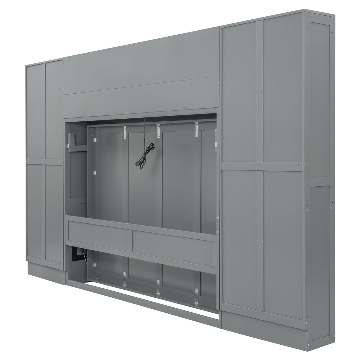 Merax Horizontal Murphy Bed Queen with Wardrobe, Queen Size Wall Murphy Bed with Small Desk, 2 Drawers, Storage Shelves and USB Charging Station, Wardrobe and Drawers Install on Left or Right, Gray Merax