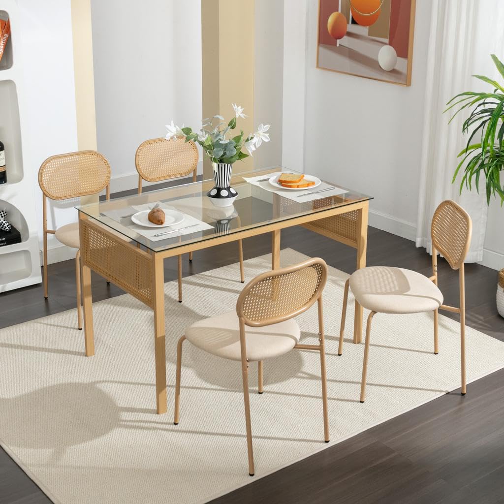 COSVALVE Boho Dining Chairs Set of 4 with Rattan Back, Upholstered Cane Seats, Metal Legs - Perfect for Dinner, Living Room, or Reception Area COSVALVE