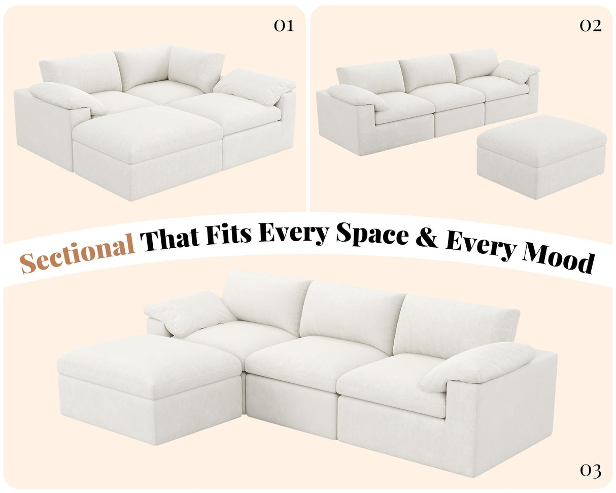 Jocisland 130 inch Cloud Couch Sectional, No-Assembly Modular Sectional Sofa with 83.5 inch Deep Chaise, Oversize Cloud Couch for Living Room, White Chenille Jocisland