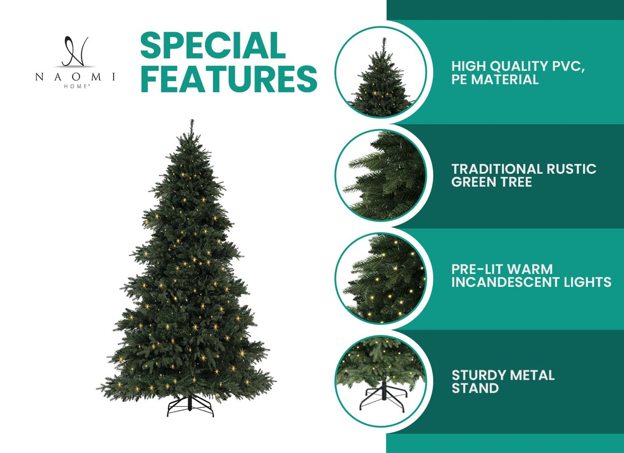 Cynthia 7.5ft Prelit Aritificial Christmas Tree with 3661 Branch Tips, 800 Warm Lights and Metal Stand, 60" Wide Realistic Rustic Christmas Tree with Lights by Naomi Home Naomi Home