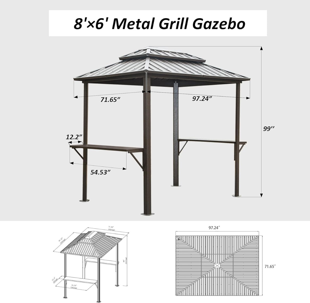 Domi 8'x6' Grill Gazebo Hardtop Aluminum BBQ Gazebo with Bar Shelves and Ceiling Hooks, Double Metal Roof Outdoor Gazebos for Patio Lawn Garden Deck (Dark Brown) domi outdoor living