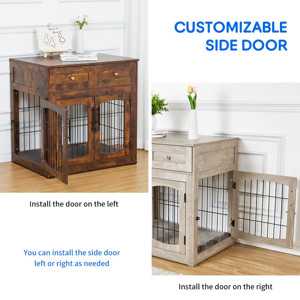 Dog Crate Furniture with 3 Doors,31.5" Large Dog Crate with 2 Drawer & Cushion,Wooden Dog House Kennel for Medium/Large Dog,Dog Crate Table Up to 70 lbs,Indoor End Table Dog House Knowfunn