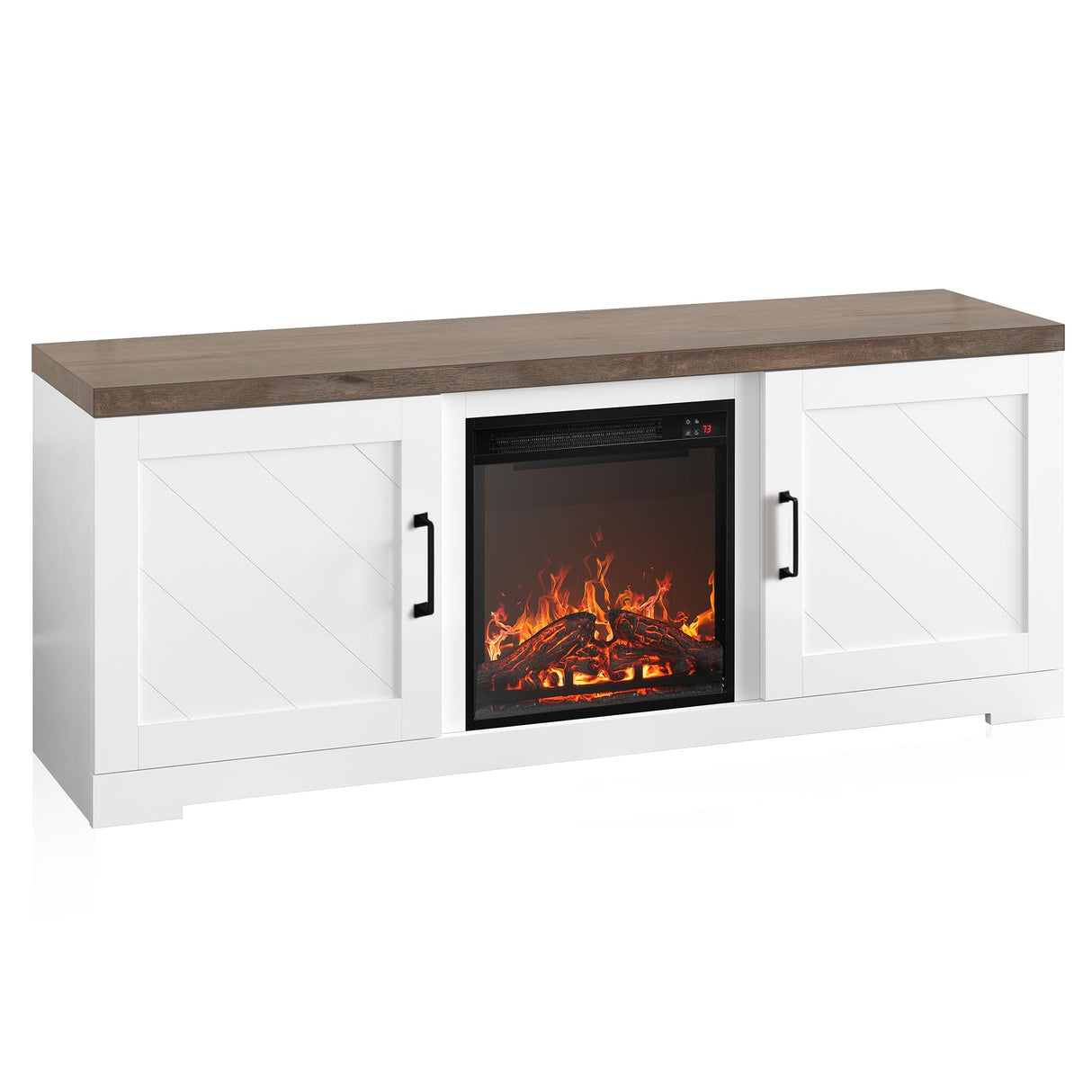 BELLEZE Modern 58" Farmhouse TV Stand with 18" Electric Fireplace Heater & Media Entertainment Center for TV up to 65", Console Table with Storage Cabinets - Hilo (White) BELLEZE