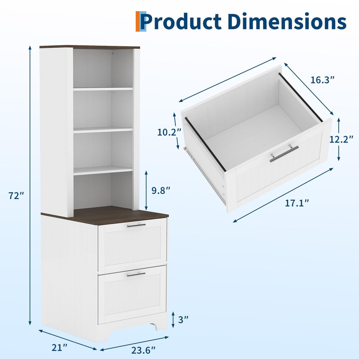 Garvee Bookcase with 2 File Drawers, 72in Tall Farmhouse Storage Cabinet Wooden Bookshelf with 2 Adjustable Shelves for Living Room Office Garvee