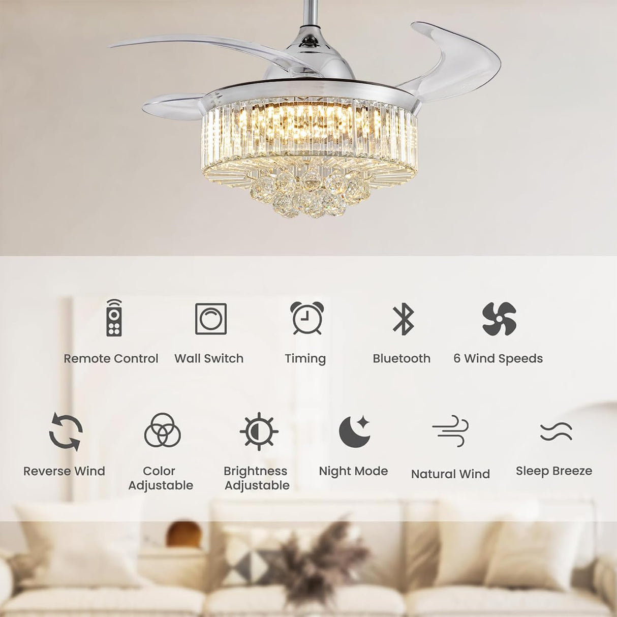 Moooni Dimmable Fandelier Crystal Ceiling Fans with Lights and Remote Modern Invisible Retractable Chandelier Fan LED Ceiling Fan Light Kit -Polished Chrome 36 Inches Moooni
