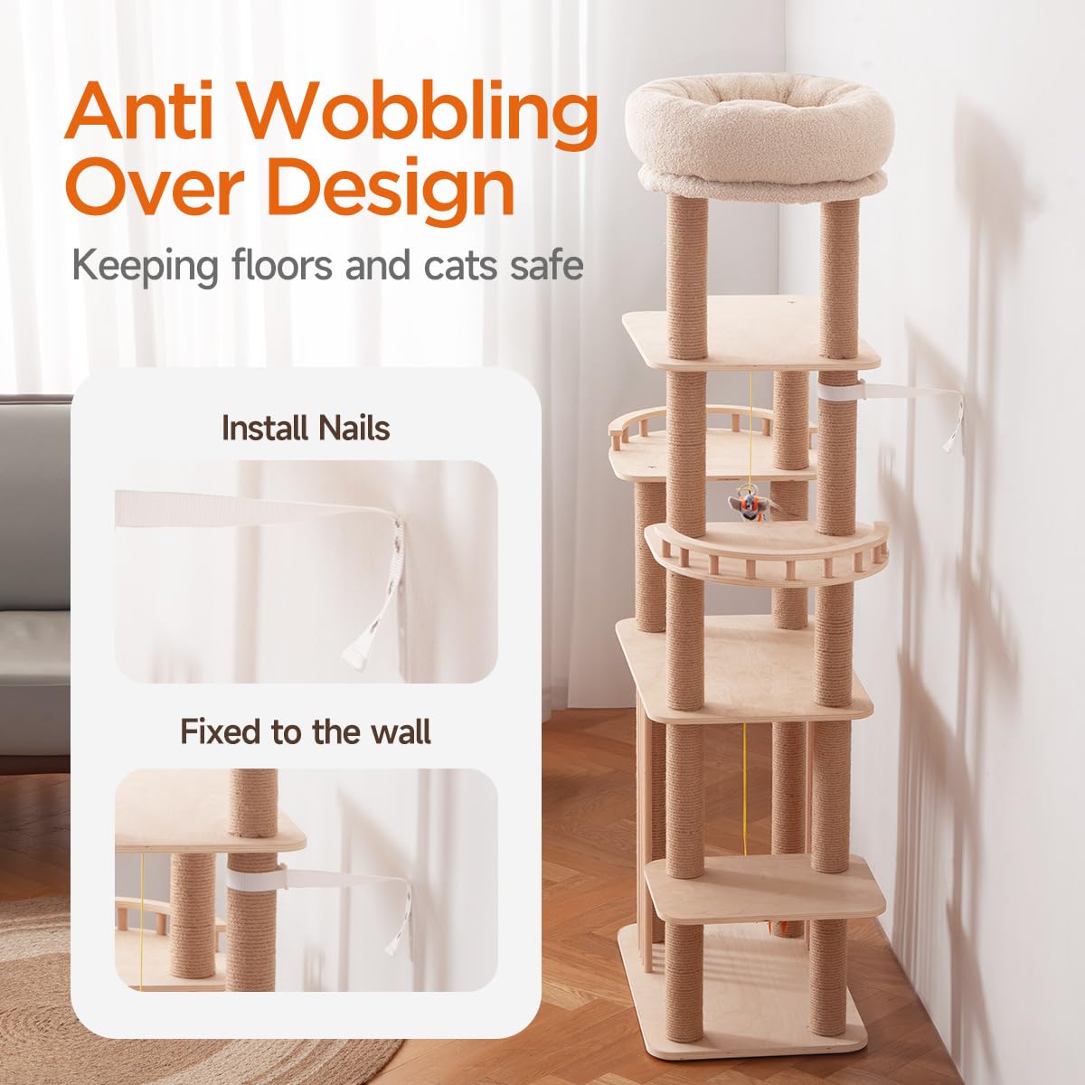 GIMU 68" Large Cat Tree, Solid Wood Multi-Level Cat Tower with Scratching Posts, Fun Toys, and Washable Plush Platform for Indoor Cats GIMU