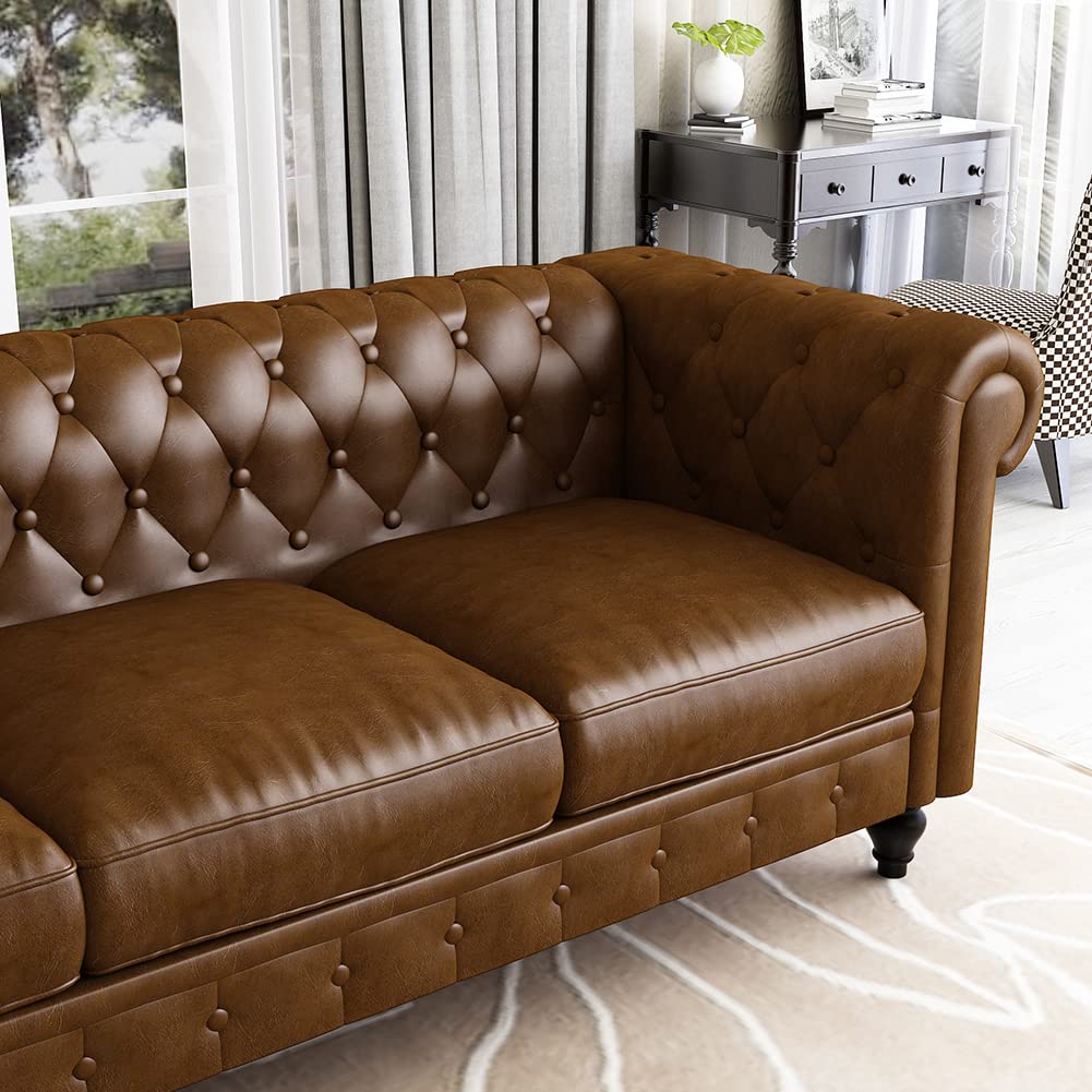 WILLIAMSPACE 88.2" Chesterfield Sofa Couch for Living Room, 3 Seater Couches Upholstered Tufted PU Sectional Sofa for Office Apartment - Brown WILLIAMSPACE