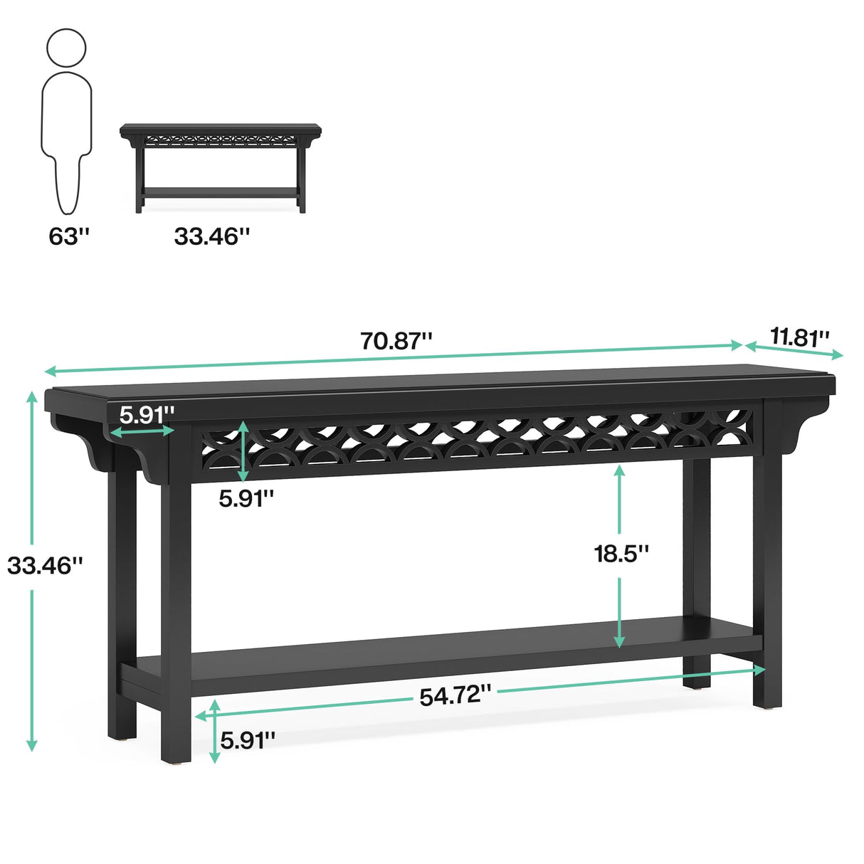 Tribesigns 70.8-Inch Solid Wood Long Console Table, Farmhouse Entryway Table with Storage, Narrow Sofa Table Grey Couch Table for Living Room Entryway Hallway (Black) Tribesigns