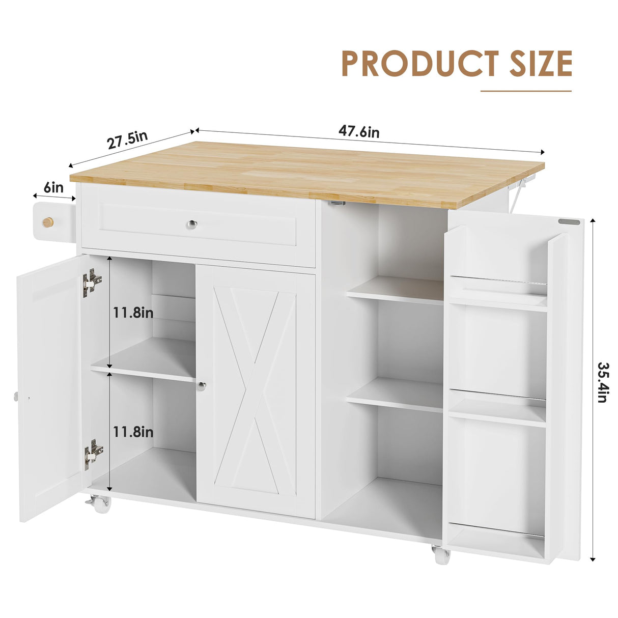 BOTLOG Kitchen Island with Storage, Island Table on Wheels with Drop Leaf, Spice Rack, Drawer, Towel Rack, Rolling Kitchen Island Cart for Dinning Room, White 15.7-27.55" D x 47.63" W x 35.43" H BOTLOG