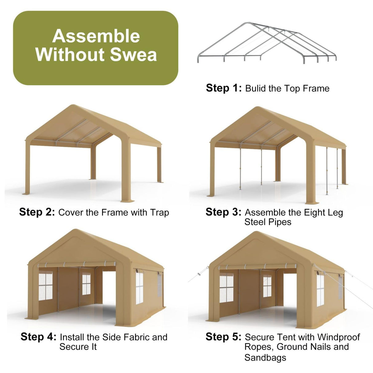 13x20FT Portable Garage, 13'x20' Carport Heavy Duty, Galvanized Frame & 180 g PE Waterproof Canopy, with 2 Doors, and 4 Windows, for Pickup Truck, and Boat Hipicute