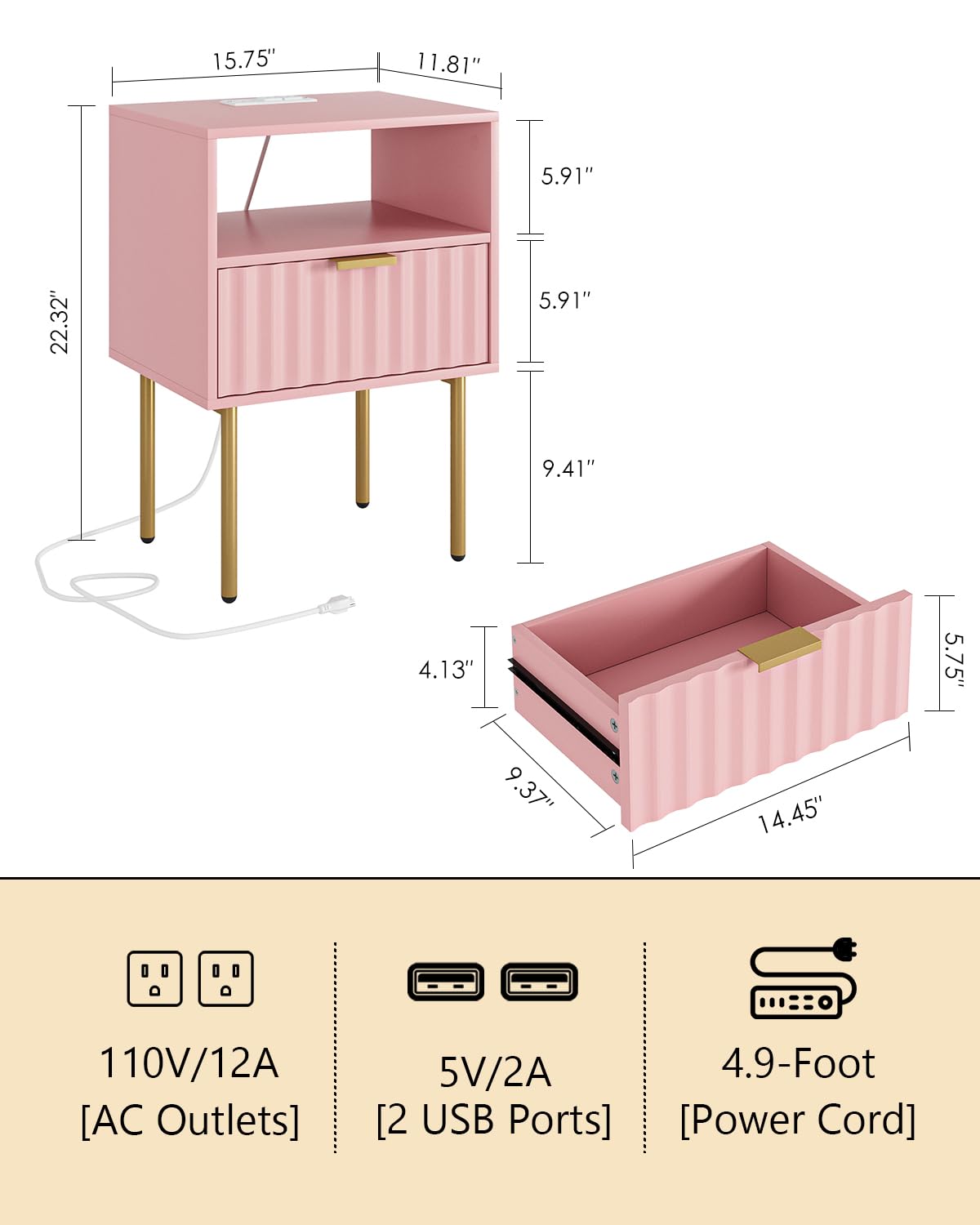 Aienvey Night Stand with Charging Station, Fluted Bedside Table with Gold Frame, Side Table with Drawer and Shelf for Bedroom, Living Room, Pink Aienvey