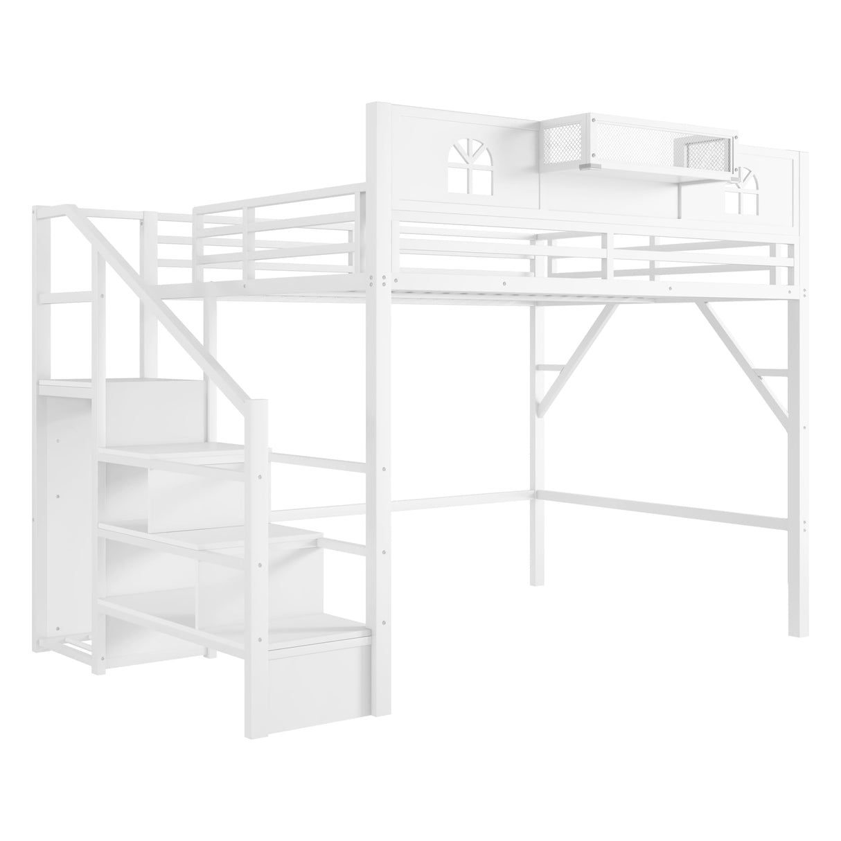 KEIKI Queen Size Loft Bed with Stairs & Storage Wardrobe, Kids Metal Bed Frame w/Safety House-shaped Guardrail, Space-saving Corner Beds w/Top Shelf for Teens, Easy Assembly Bedframe Queen-size, White KEIKI