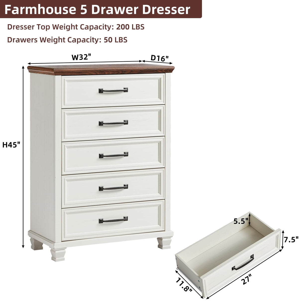 SAVOR LIFE Farmhouse 5 Drawer Dresser for Bedroom, 45” Tall Dresser for Closet, Rustic Wooden Chests of Drawer for Bedroom, Hallway, Entryway, White SAVOR LIFE