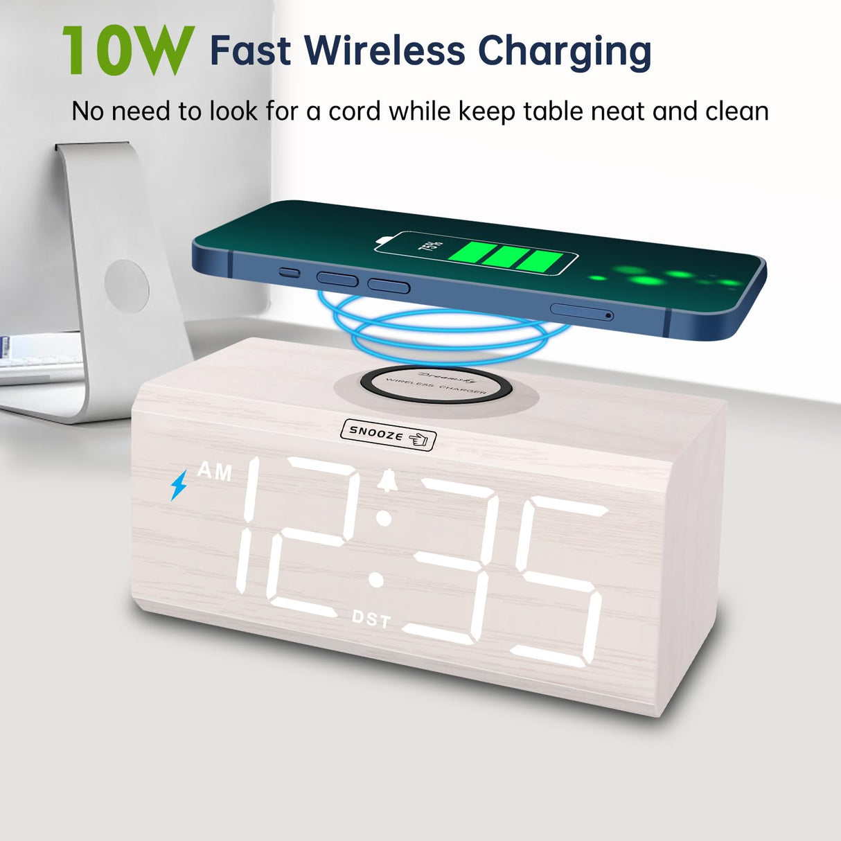 DreamSky Wooden Digital Alarm Clock with Wireless Charging for Bedroom, Bedside Nightstand Clock with Charger Station, USB Port, Large Numbers, Adjustable Volume, Brightness Dimmer, DST DreamSky