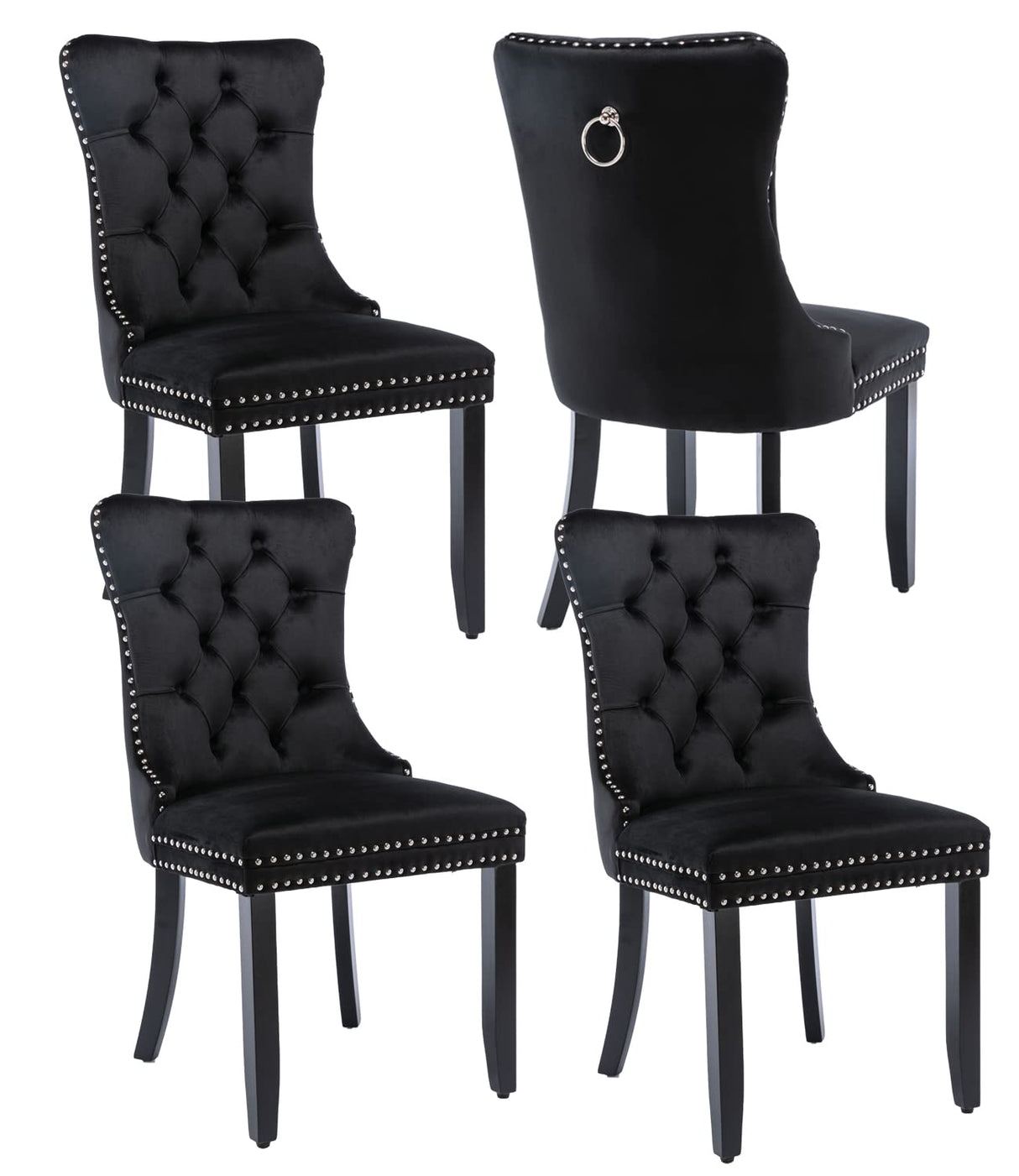 Black Velvet Dining Chairs Set of 4, Upholstered Dining Room Chairs with Back Ring Pull Trim and Solid Wood Legs,Modern Dining Chairs Perfect for Dining Room,Living Room,Kitchen(Black) Shenyon