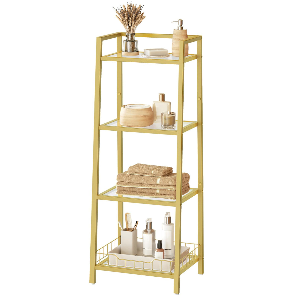 HOOBRO Gold Glass Shelf Stand, 4 Tier Standing Shelf Unit, Bathroom Organizer and Storage, Floor Storage Shelves Waterproof, for Bathroom, Laundry, Toilet, Tempered Glass, Gold GD79CJ01