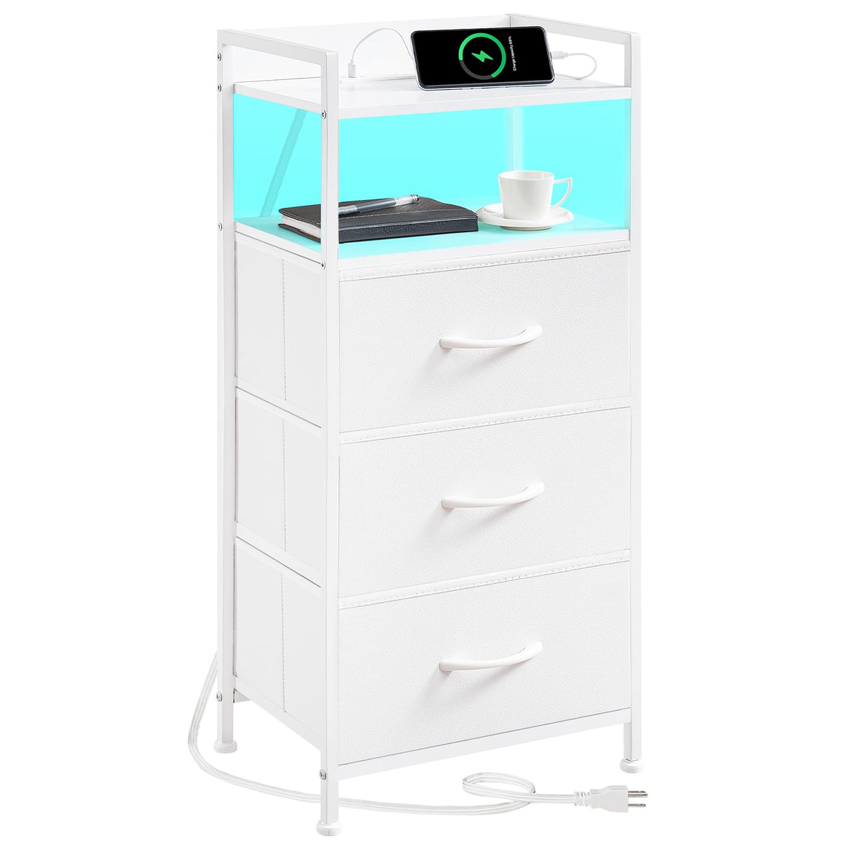 Somdot White Nightstand with Charging Station and LED Light for Bedroom, Tall 3 Drawers Dresser with Fabric Bins for Bedside Kids Dorm Room Closet Laundry Entryway, White Leather Somdot