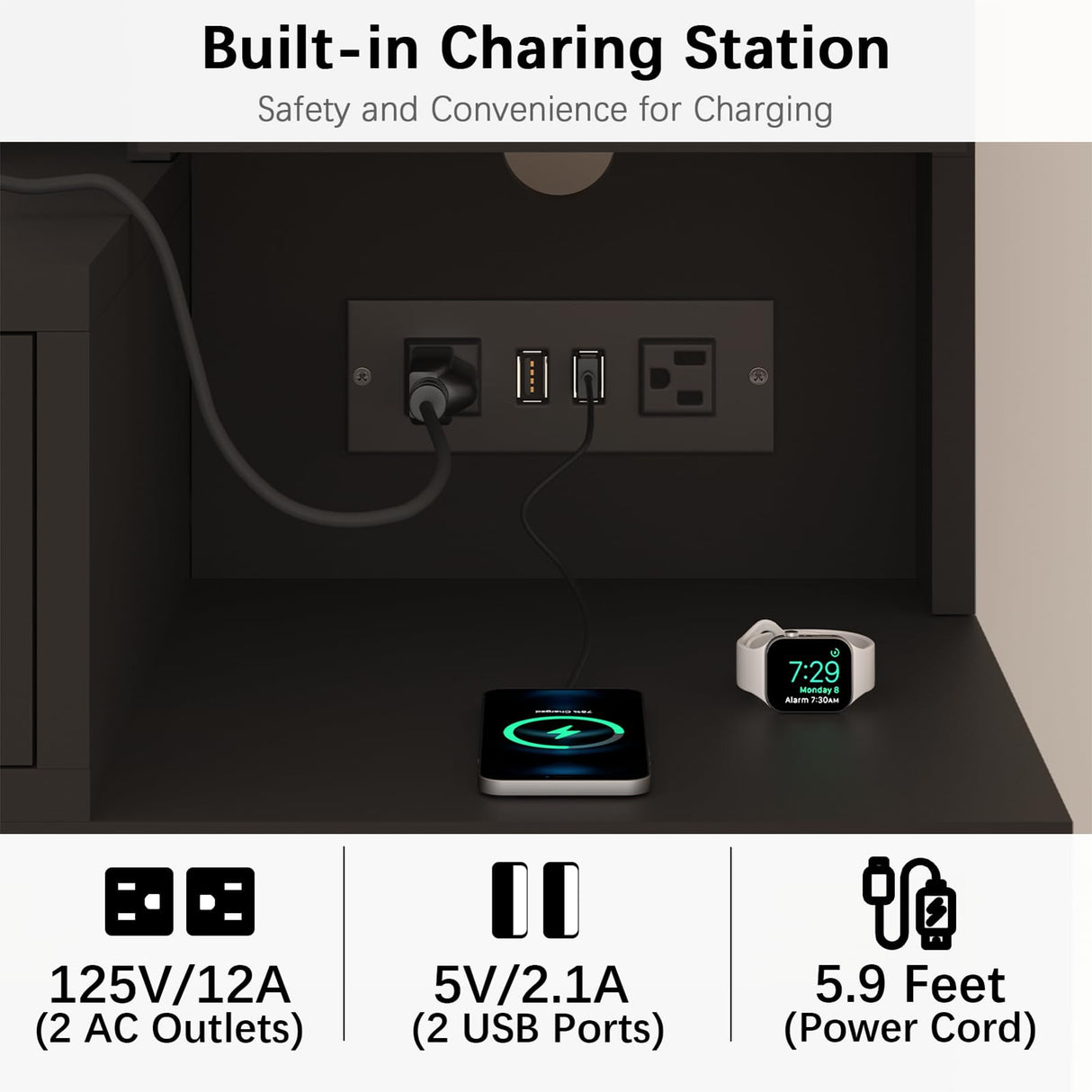 Makeup Vanity Table Set with LED Lights & Charing Station, Large Make up Vanity Desk with Mirror and Lights, Dressing Vanity Table with Nightstand & Soft Stool, Black Vanity with Drawers & RGB Cabinet CSZZD