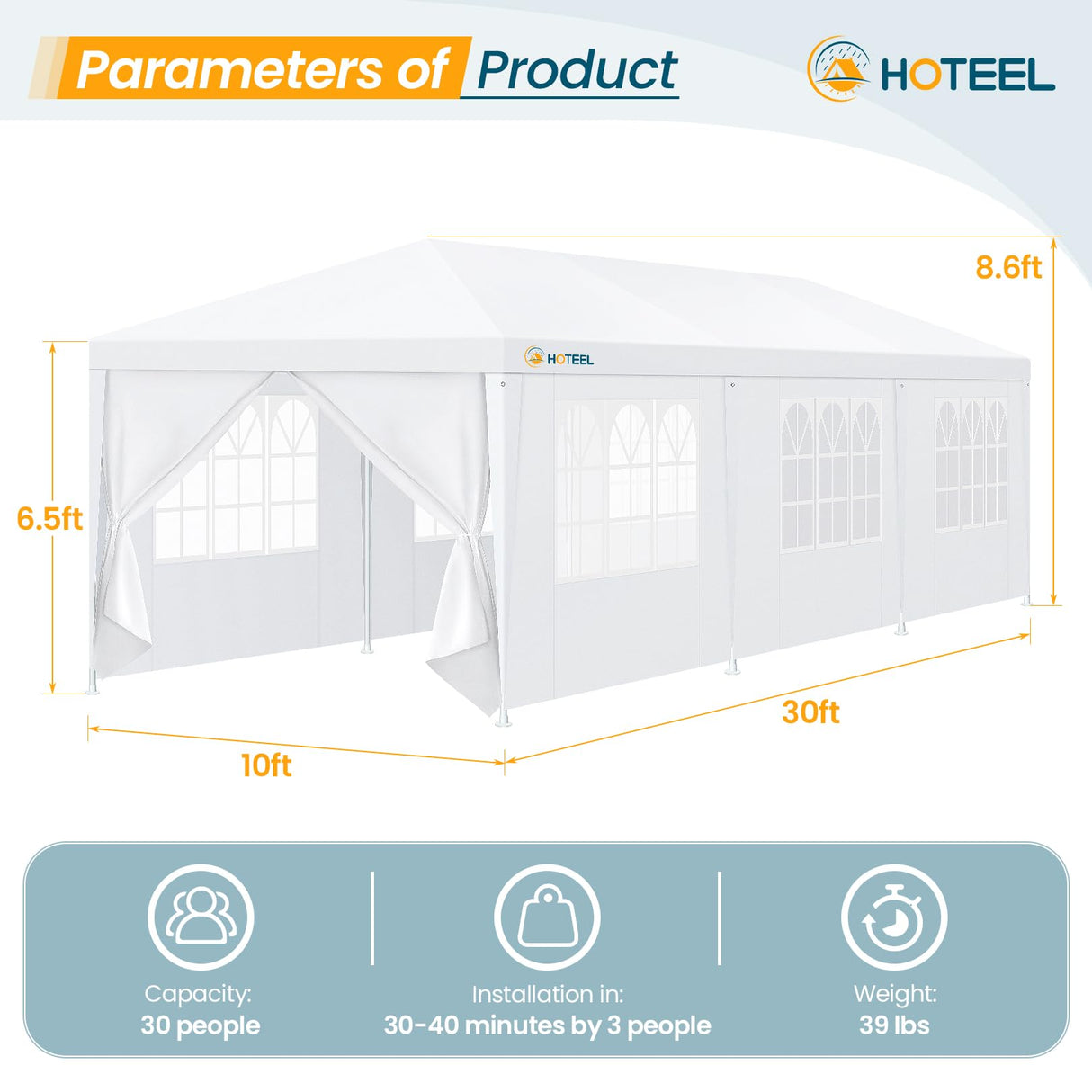 HOTEEL 10'x30' Canopy Party Tent with 6 Removable Sidewalls, Outdoor Tent for Parties, Event Tent, Large Canopy Tent for Weddings, BBQ, Parties, Patio Camping Gazebo, Waterproof, White Hoteel