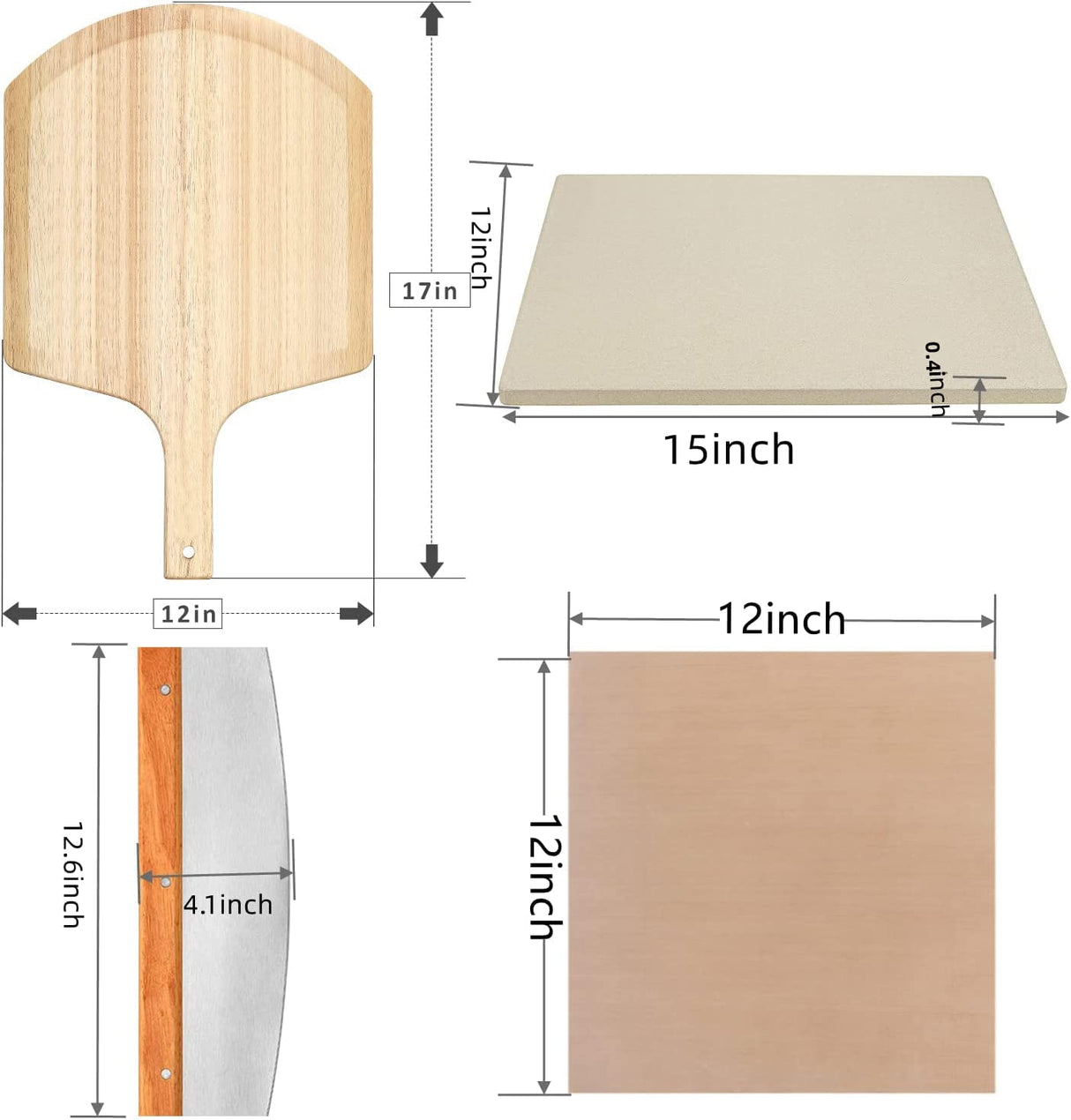 4 PCS Rectangle Pizza Stone Set, 15" Large Pizza Stone for Oven and Grill with Pizza Peel(OAK), Pizza Cutter & 10pcs Cooking Paper for Free, Baking Stone for Pizza, Bread,BBQ Gyreuni