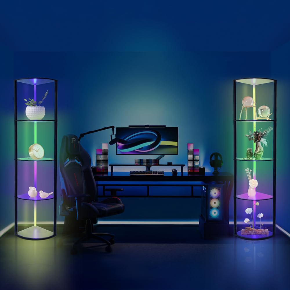 5 Tiers Corner Shelf with Light, WIFI RGB LED Floor Lamp Compatible with Alexa, Smart App and Remote Control, Corner Display Cabinet with Storage Rack for Collectibles Curio Living Room Bedroom Home XIIW