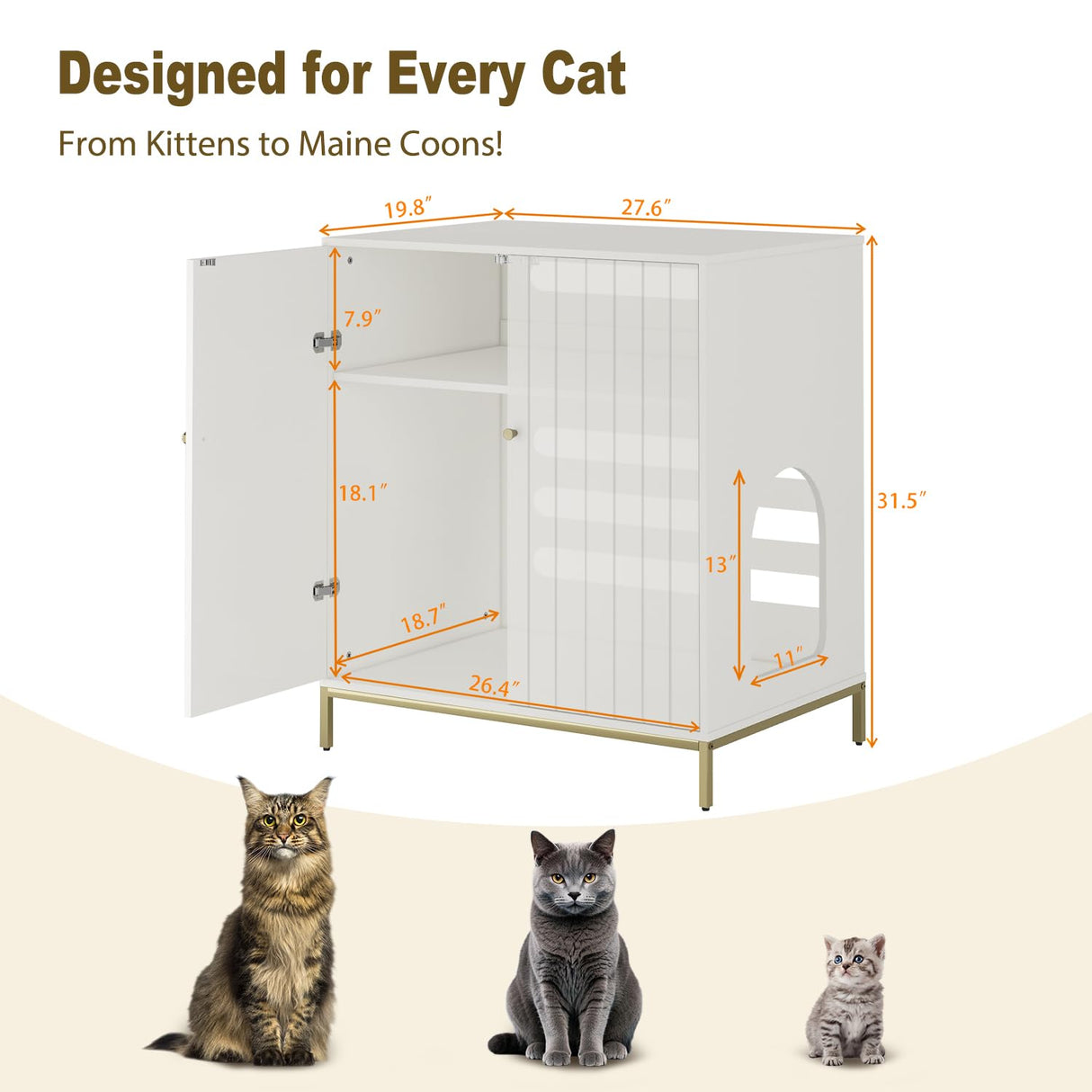 Convend Stylish Cat Litter Box Enclosure, Modern Hidden Litter Box Furniture with Tall Legs, Side Entrance, and Dual Use as End Table for Living Room or Bedroom (White & Gold) Convend