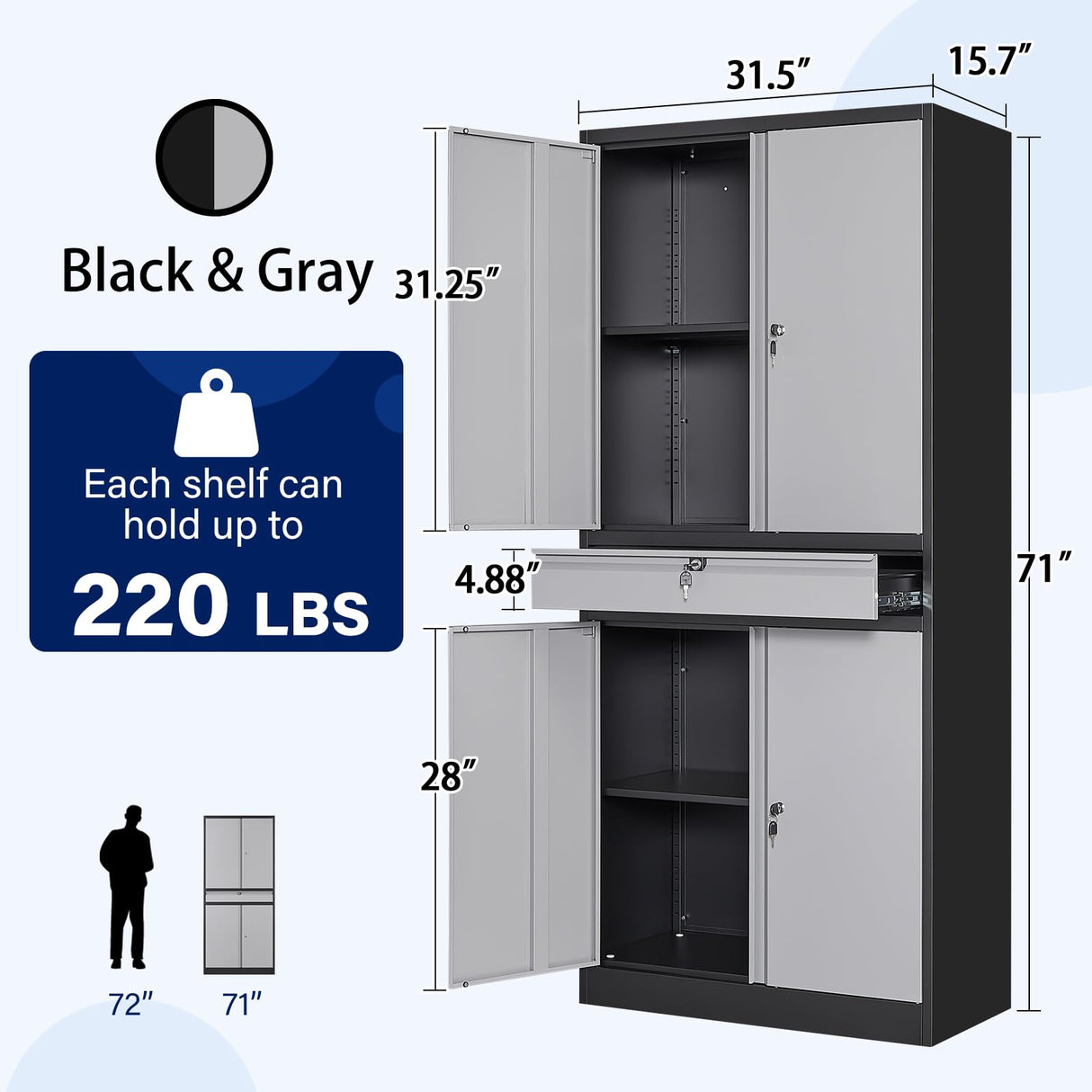 Yizosh Metal Garage Storage Cabinet with Locking Doors and Adjustable Shelves, Tool Storage Cabinet with 1 Drawer - 71" Steel Locking Cabinet for Garage, Warehouse (Gray Black) Yizosh