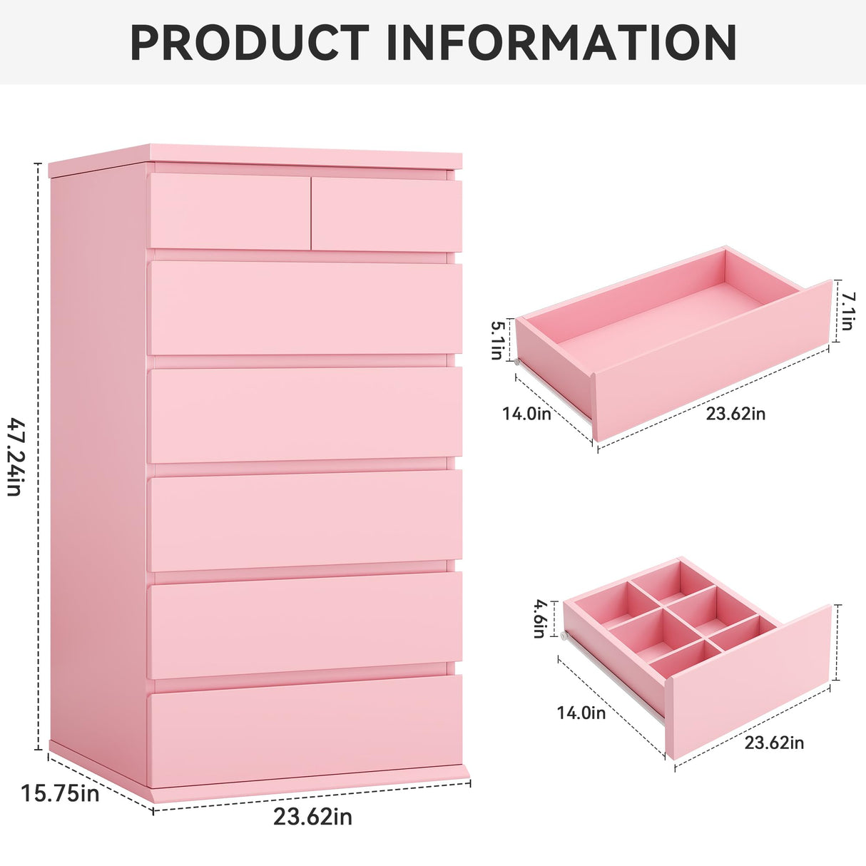 Pink Tall 7 Drawer Dresser for Bedroom, Modern Wood Closet Dressers & Chests of Drawers with Jewelry Storage, 23.6" L*15.8" W*47.5" H in Large Vertical Dresser for Bedroom, Living Room, Nursery Jocoevol