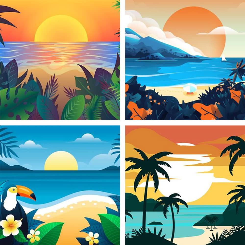 AOSGEDY 4 Pack Paint by Numbers for Adults and Kids Beginner,Landscape-Beach DIY Acrylic Painting Paint by Numbers Kits on Canvas for Kids Ages 4-8-12 Perfect for Home Wall Decor(8x8in) AOSGEDY