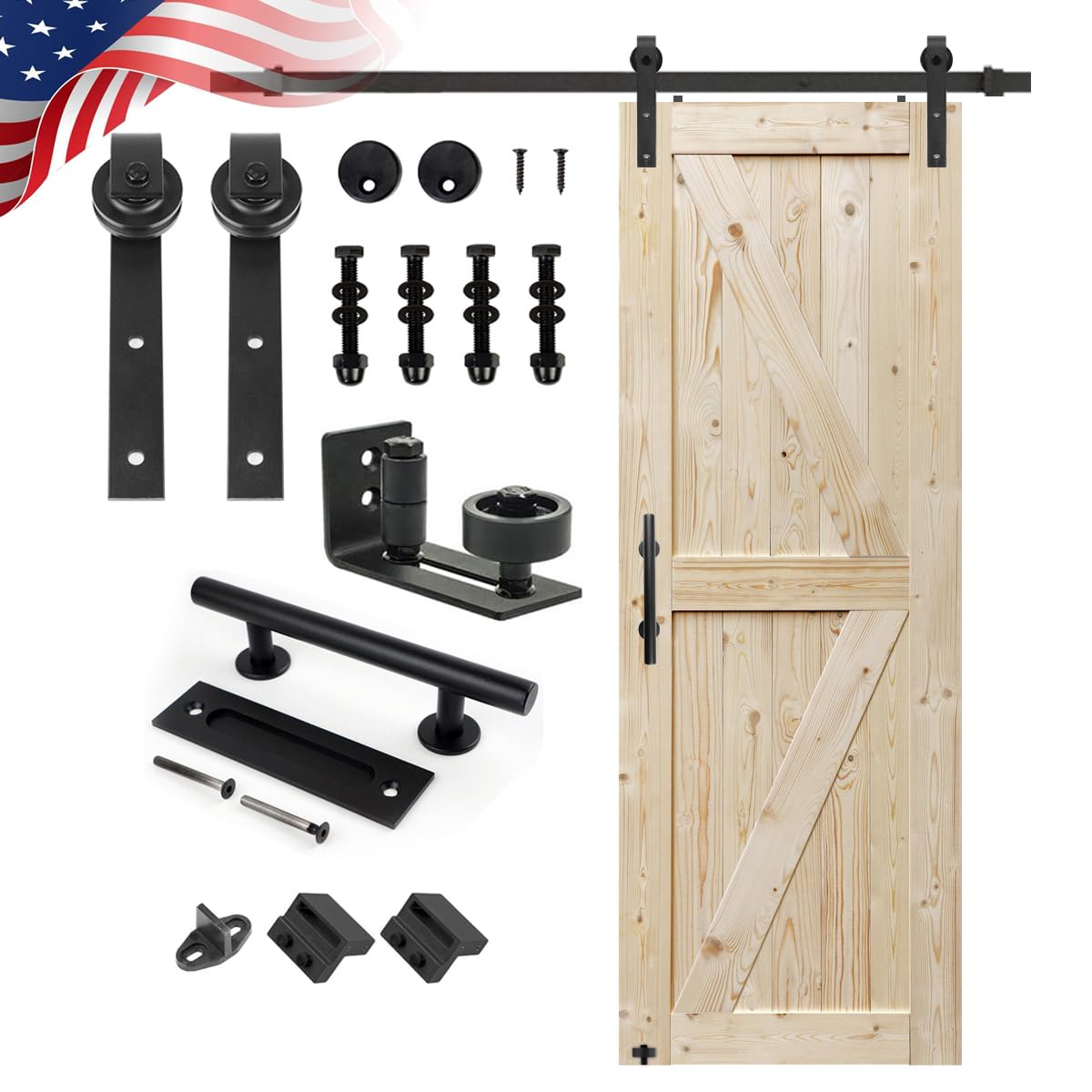 S&Z TOPHAND 30 in. x 84 in. Unfinished British Brace Knotty Barn Door with 5FT Sliding Door Hardware Kit/Solid Wood/Sliding Door/Double Surfaces/A Simple Assembly is Required (30, Door+J Shape) S&Z TOPHAND