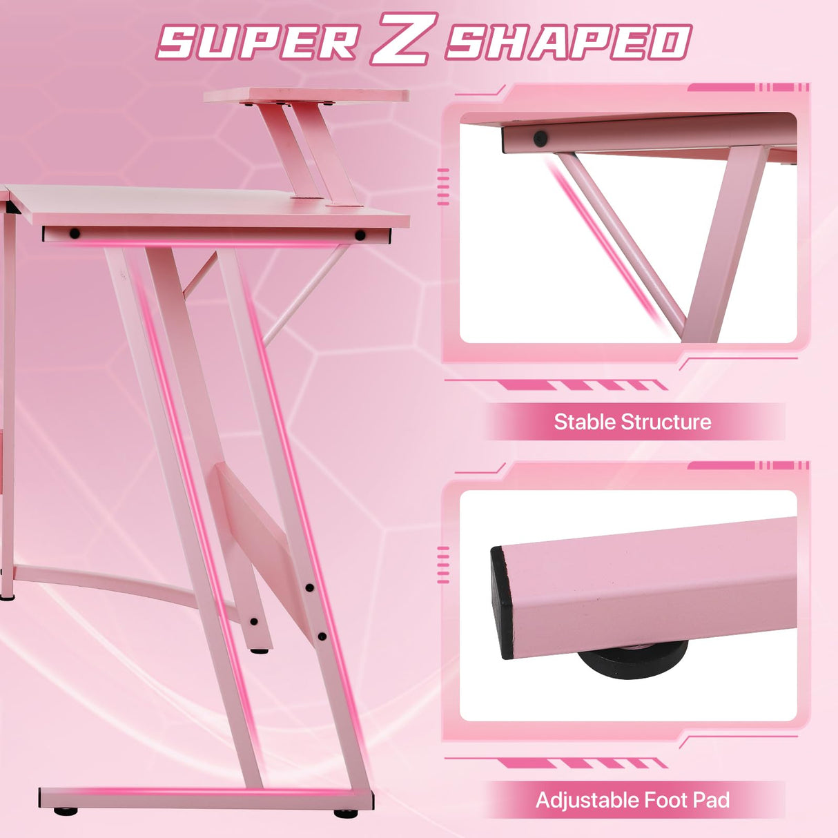 HKLGorg L Shaped Desk Gaming Desk, 50.4’’ Computer Desk, Gaming Table with Monitor Stand Corner Desk with MDF Board Surface, Home Office Desk for Girl Women Gift for Gaming Working Study, Pink HKLGorg