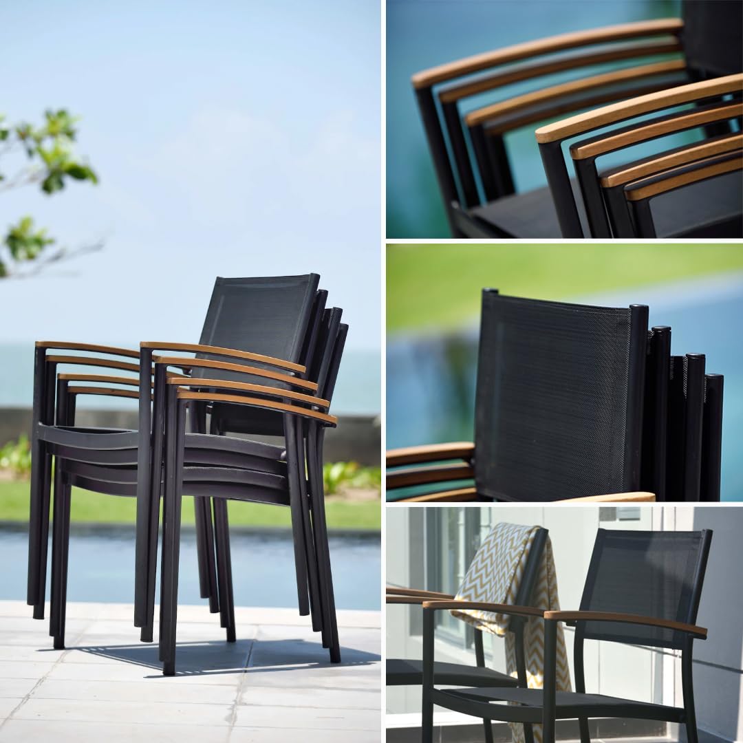 Amazonia Trentino 9 Piece Extendable Patio Dining Set | Teak Finish Table and Sling Black Chairs| Durable, Quick Dry Ideal for Outdoors Amazonia