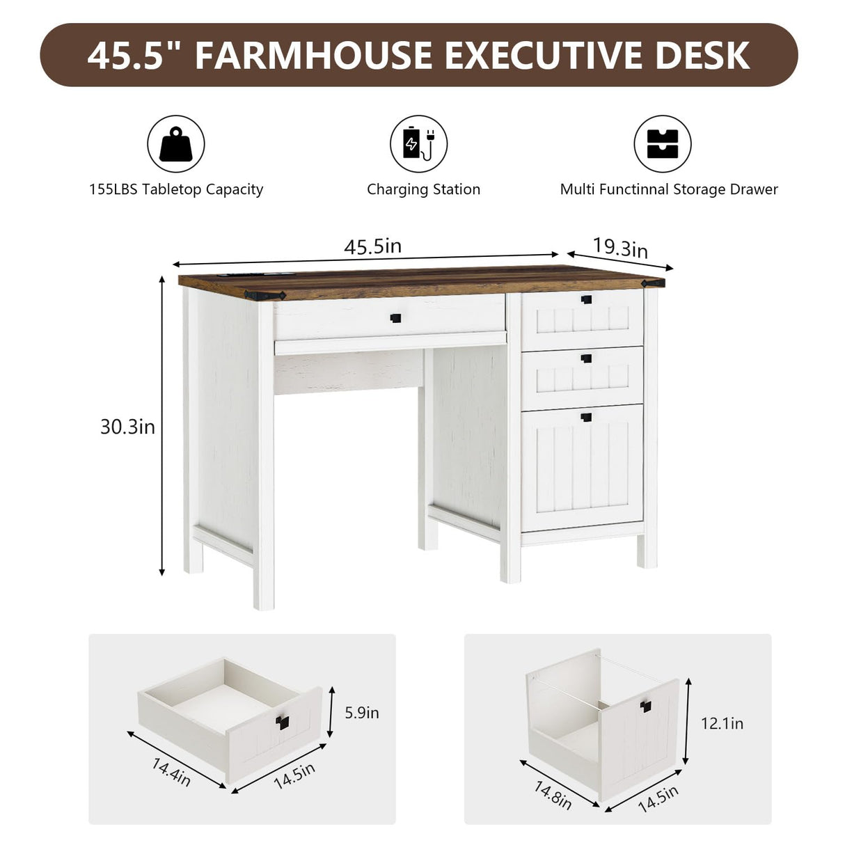 GlowVitaHome Farmhouse Executive Desk 45 inch Wood Computer Desk with 4 Drawers, Smart Charging Station, Home Office & Study Room Essential for Remote Workers, Professionals & Students.Antique White GlowVitaHome