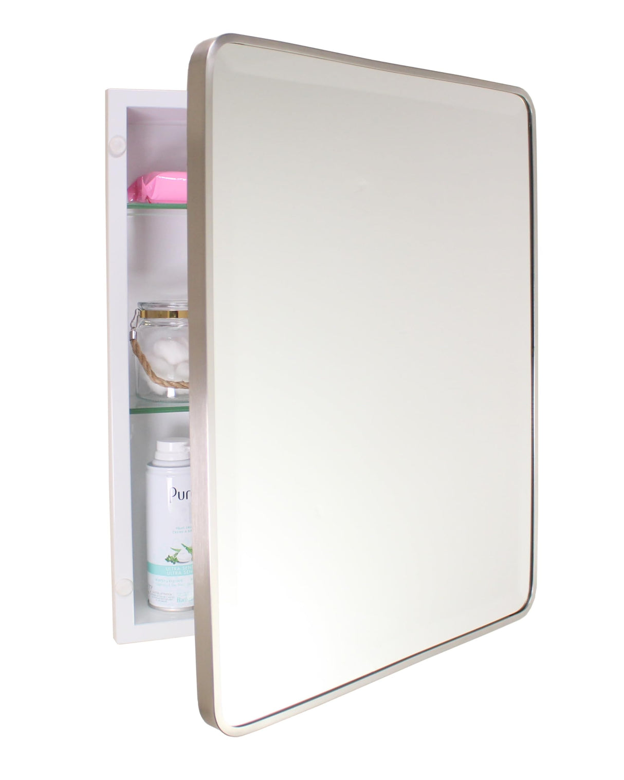 16x20 Austin Farmhouse Metal Framed Rounded Rectangle Recessed Bathroom Medicine Cabinet, Beveled Mirror, 14x18 in-Wall Opening, powder-coated Steel, Glass Shelves, Magnet Close, Brushed Nickel Fox Hollow Furnishings