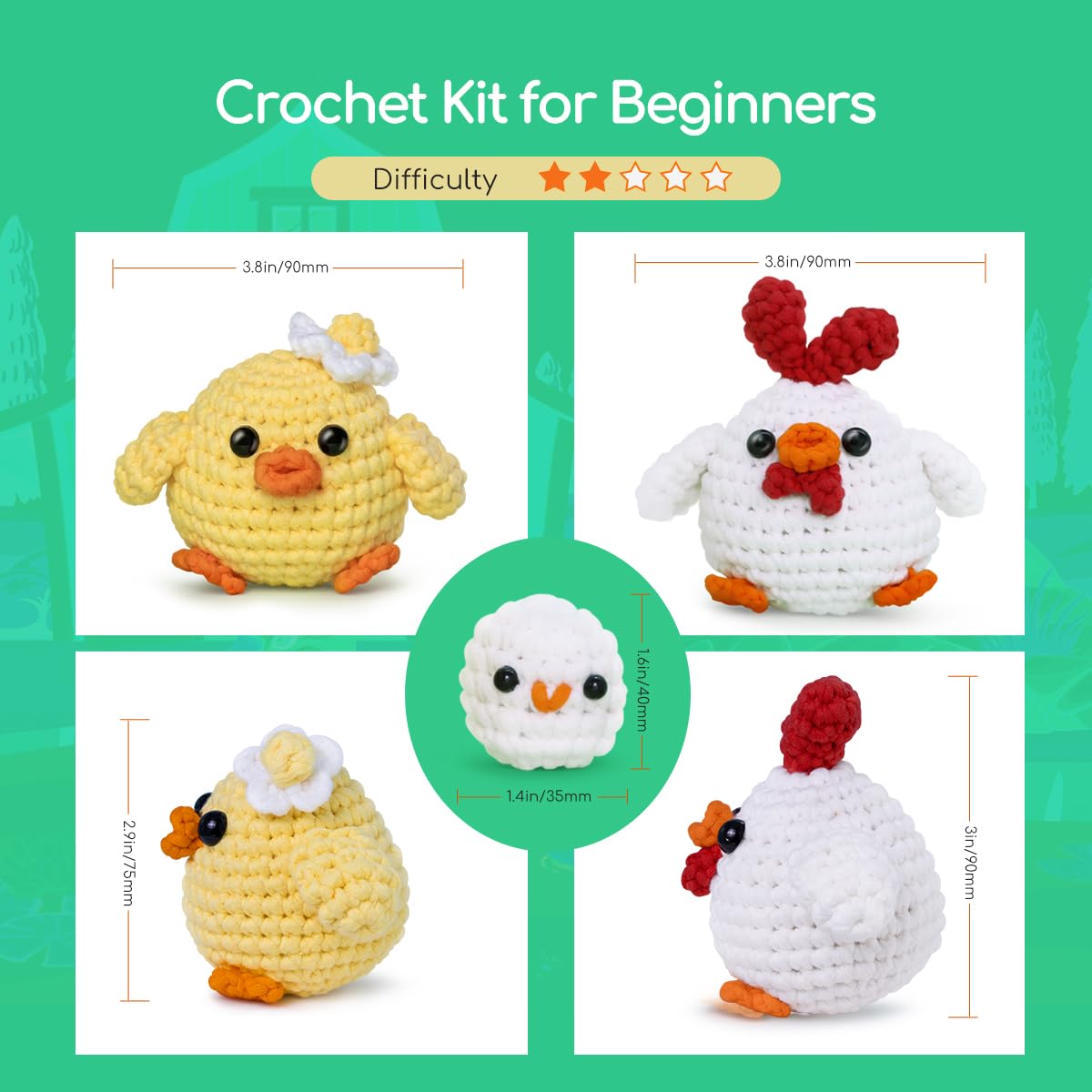 NestledCrafts Beginners Crochet Kit, Amigurumi Crochet Animal Kit, Easy Learn to Crochet with Step-by-Step Video Tutorials, 3PCS The Chick Family for Kids & Adults NestledCrafts