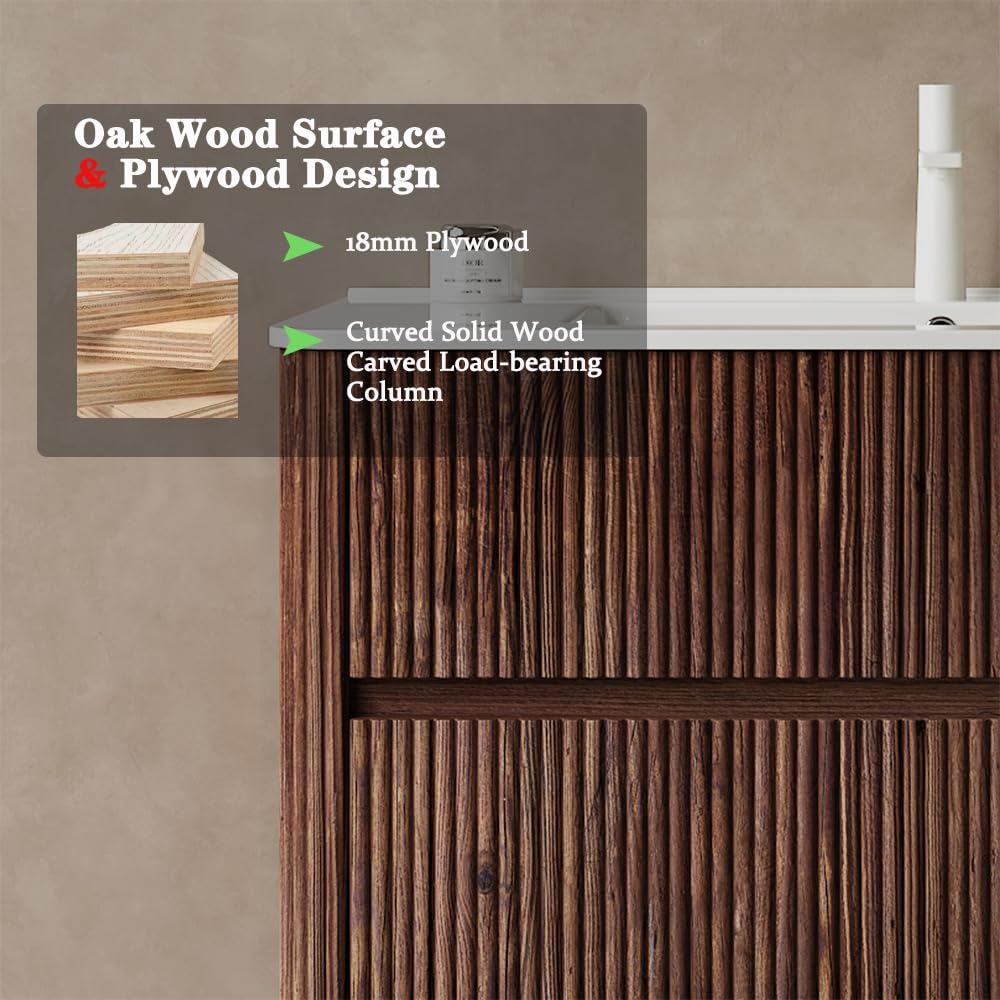 30" Bathroom Vanity with Sink, Modern Floating Vanity with 2 Push Close Soft Close Drawer, Ceramic Basin with Sink Hole Cover and Drain, Oak & Plywood-Bruges, Retro Walnut RAINLUX