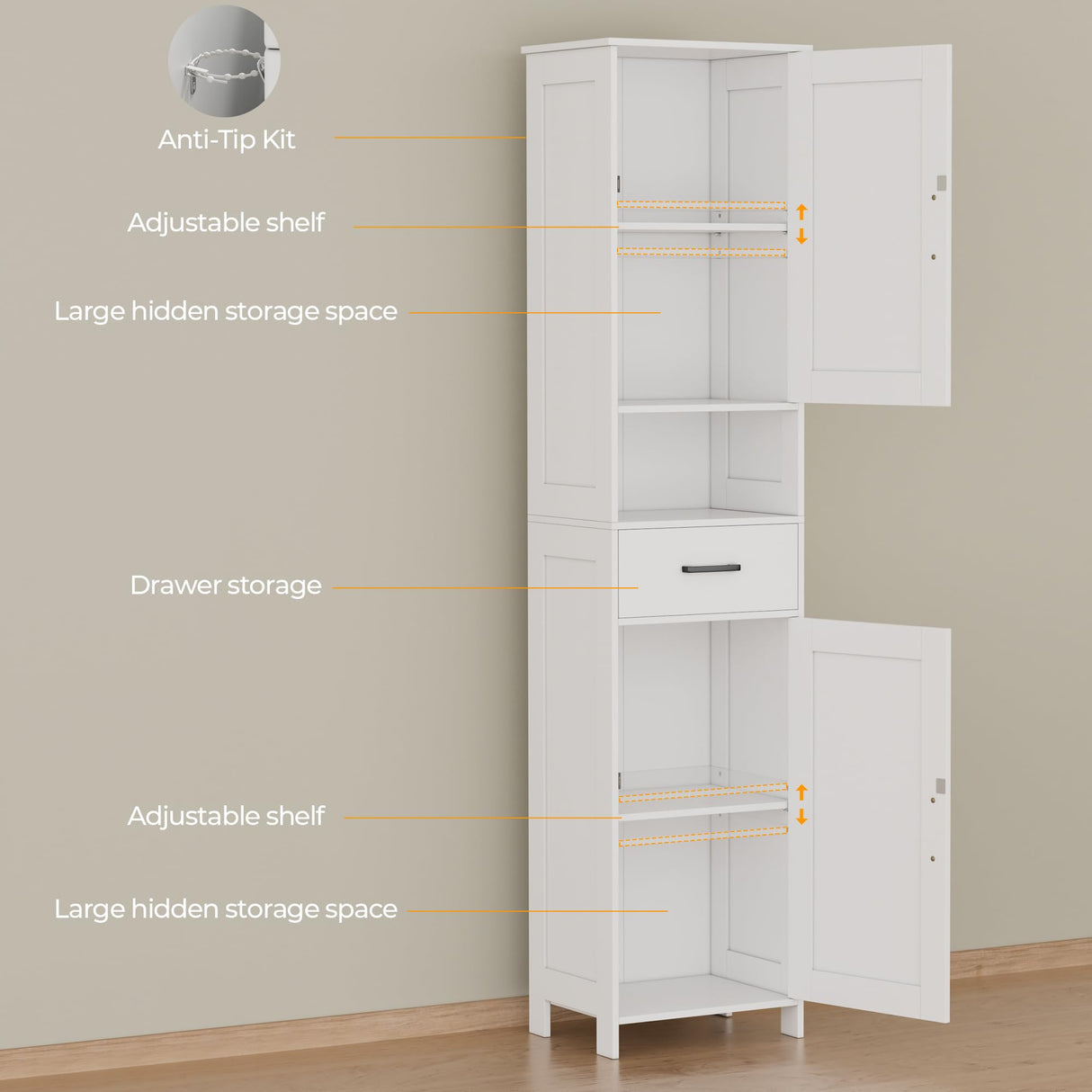 Homhedy 67" H Tall Bathroom Storage Cabinet with 2 Barn Doors and 1 Drawer, Narrow Storage Unit, Adjustable Shelves, Floor Cabinet for Bathroom, Living Room, Entryway, Kitchen, White, (15.7" W) Homhedy