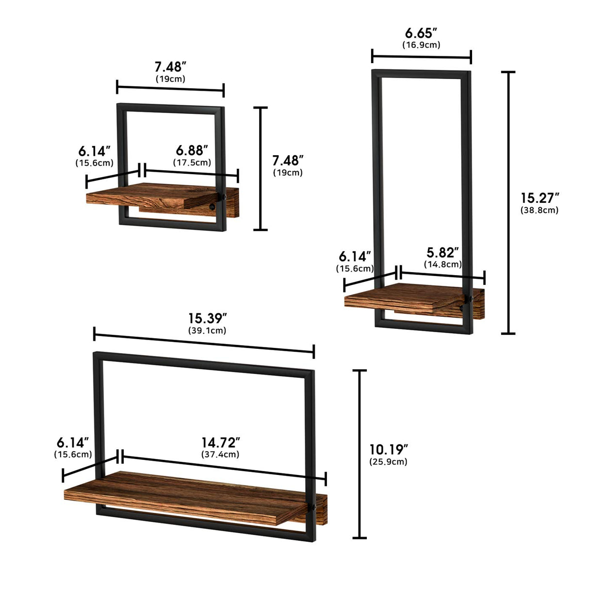 DELFOY Metal Frame Rustic Wooden Floating Hanging Shelves, Home Decor Wall Mounted Display Organizing Shelf for Living Room, Bedroom, Office Bathroom. Set of 3 DELFOY