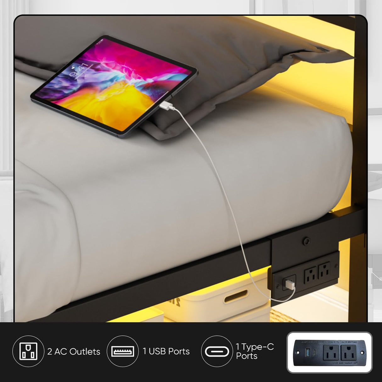 Gohapnis Full Size Bed Frame with Headboard and Footboard,Black Metal Platform Bed Frames with LED Lights and USB Charging Station,Heavy Duty Metal Slats,No Box Spring Needed,Sturdy&Noise Free Gohapnis