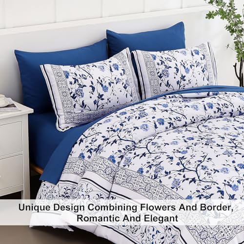 Dobuyly Floral Queen Comforter Set, 7 Piece Bed in a Bag Queen Size Blue Flowers on White Botanical Bedding Set, Soft Microfiber Bedding Comforter Sets with Sheets for All Season Dobuyly